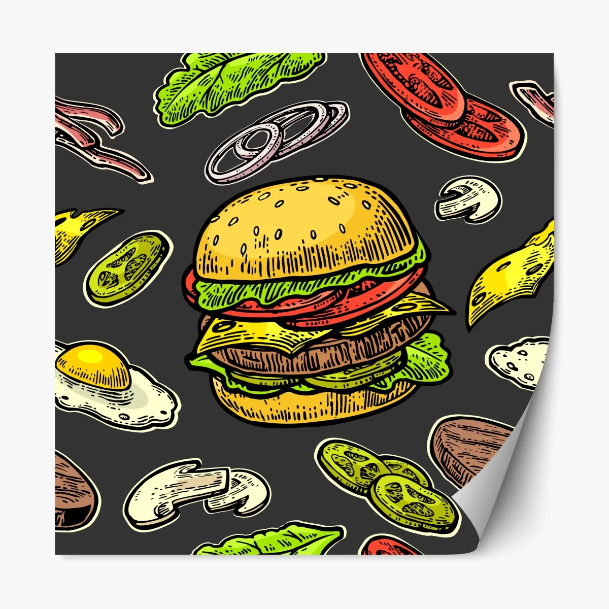 Naklejka repozycjonowalna kolorowy wzór z burgerem i składnikami – Wallissimo® Naklejka repozycjonowalna kolorowy wzór z burgerem i składnikami – Wallissimo®