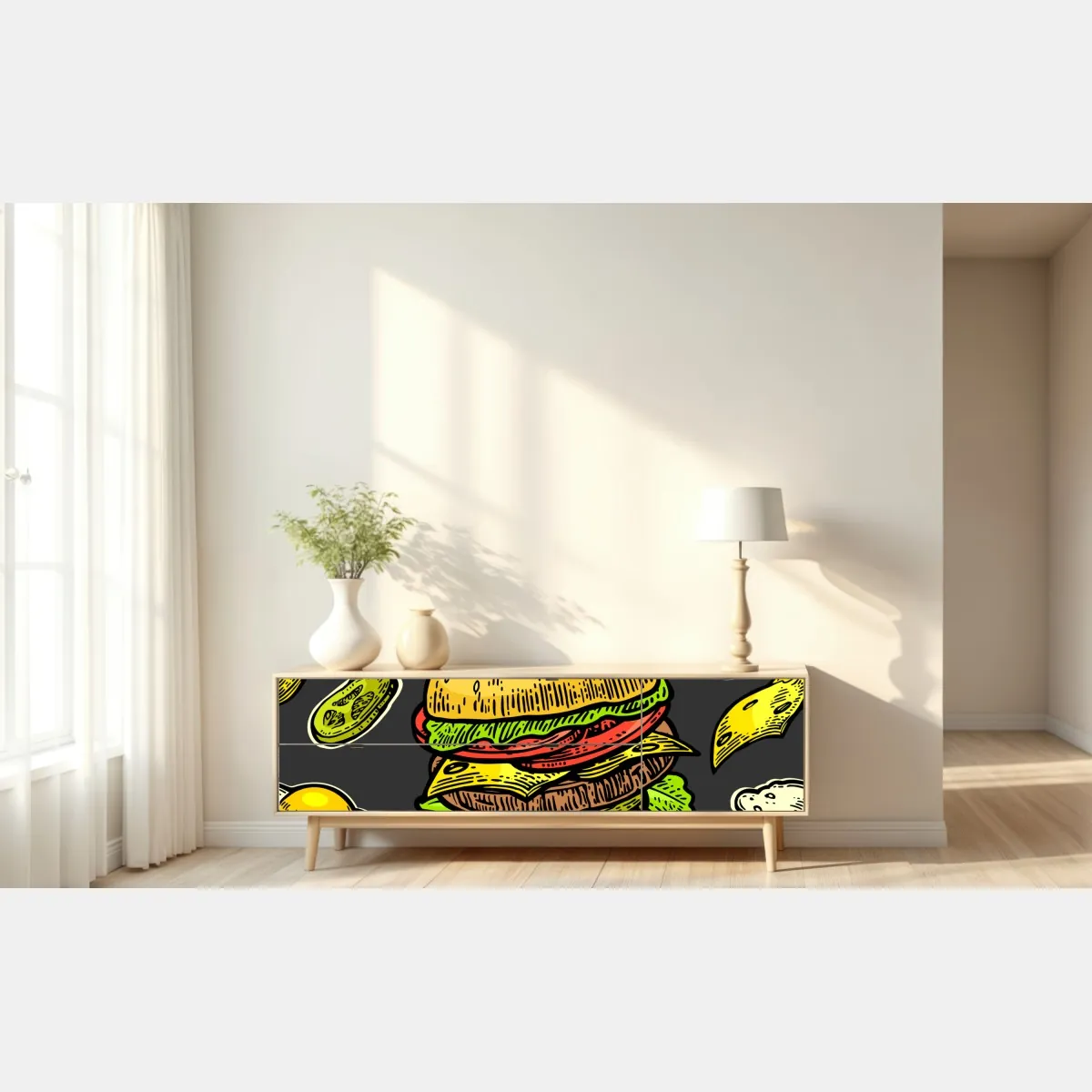 Naklejka repozycjonowalna kolorowy wzór z burgerem i składnikami – Wallissimo® Naklejka repozycjonowalna kolorowy wzór z burgerem i składnikami – Wallissimo®