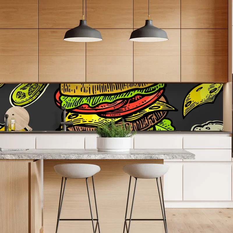 Naklejka repozycjonowalna kolorowy wzór z burgerem i składnikami – Wallissimo® Naklejka repozycjonowalna kolorowy wzór z burgerem i składnikami – Wallissimo®