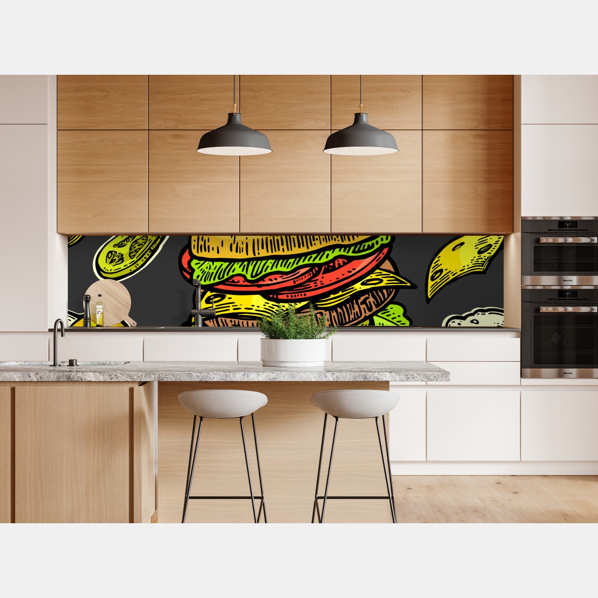 Naklejka repozycjonowalna kolorowy wzór z burgerem i składnikami – Wallissimo® Naklejka repozycjonowalna kolorowy wzór z burgerem i składnikami – Wallissimo®