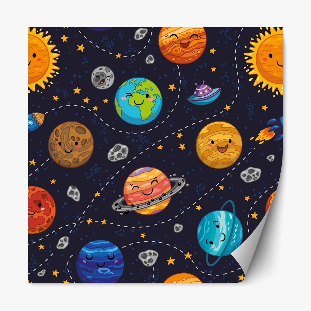 Repositionable sticker smiling planets in playful space pattern