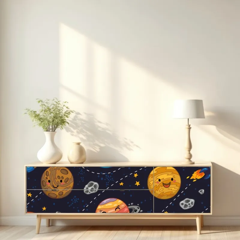 Naklejka repozycjonowalna uśmiechnięte planety na zabawnym tle kosmicznym – Wallissimo® Naklejka repozycjonowalna uśmiechnięte planety na zabawnym tle kosmicznym – Wallissimo®