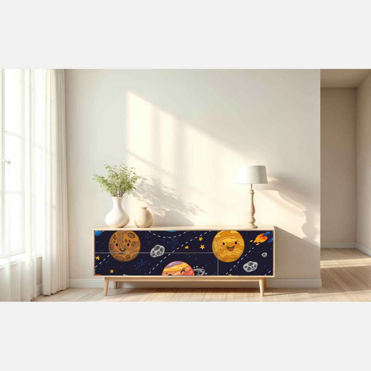 Naklejka repozycjonowalna uśmiechnięte planety na zabawnym tle kosmicznym – Wallissimo® Naklejka repozycjonowalna uśmiechnięte planety na zabawnym tle kosmicznym – Wallissimo®