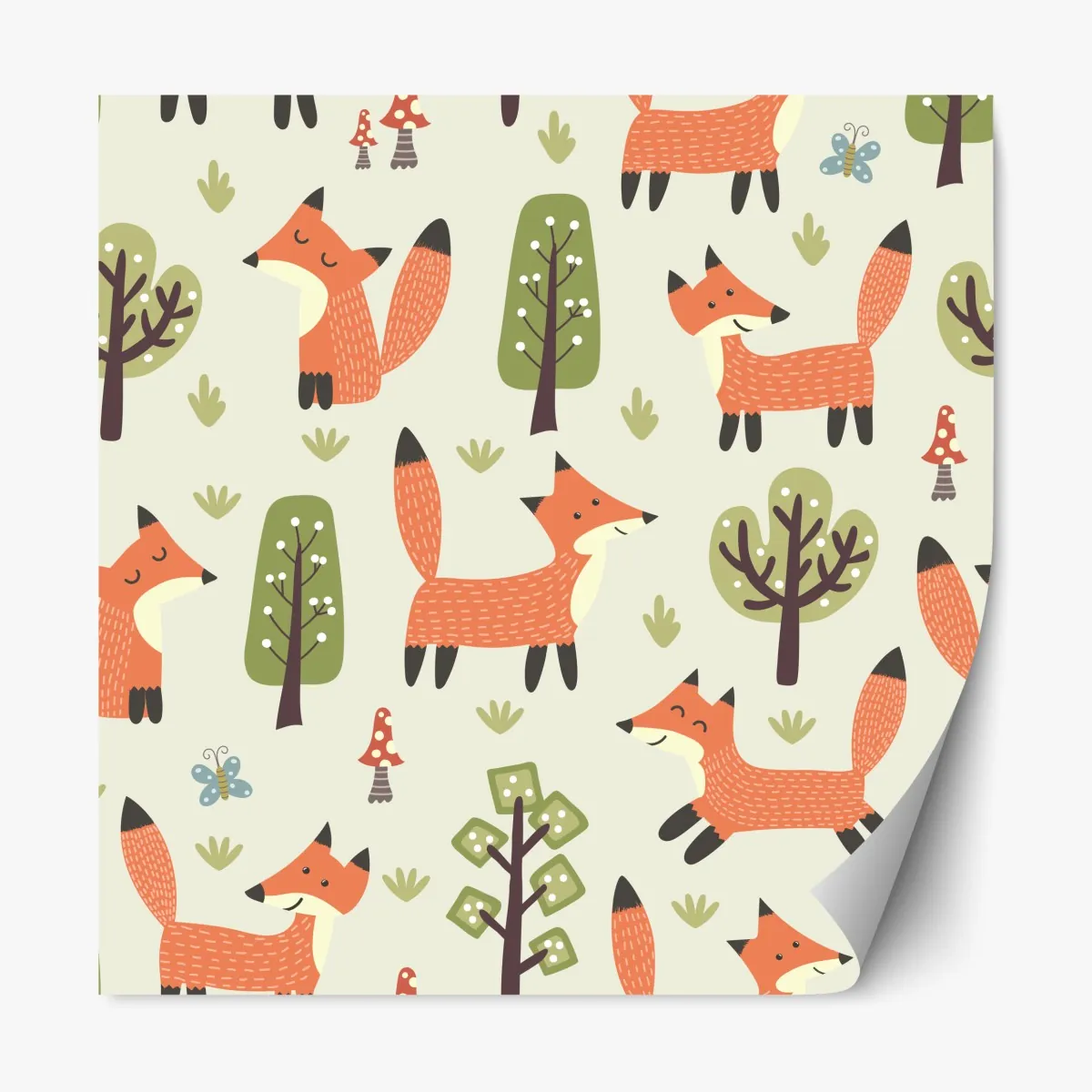 Naklejka repozycjonowalna wesoły leśny wzór z lisami – Wallissimo® Naklejka repozycjonowalna wesoły leśny wzór z lisami – Wallissimo®