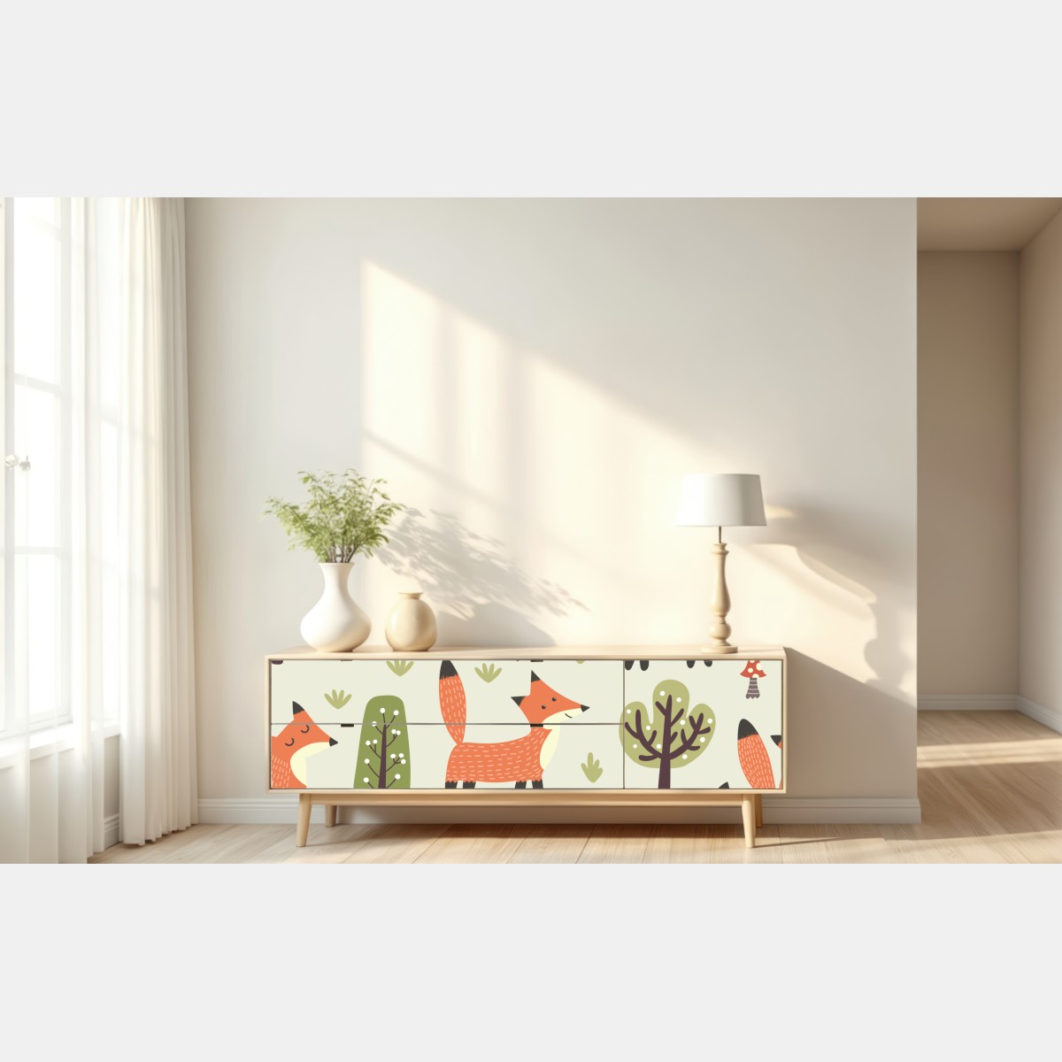 Naklejka repozycjonowalna wesoły leśny wzór z lisami – Wallissimo® Naklejka repozycjonowalna wesoły leśny wzór z lisami – Wallissimo®