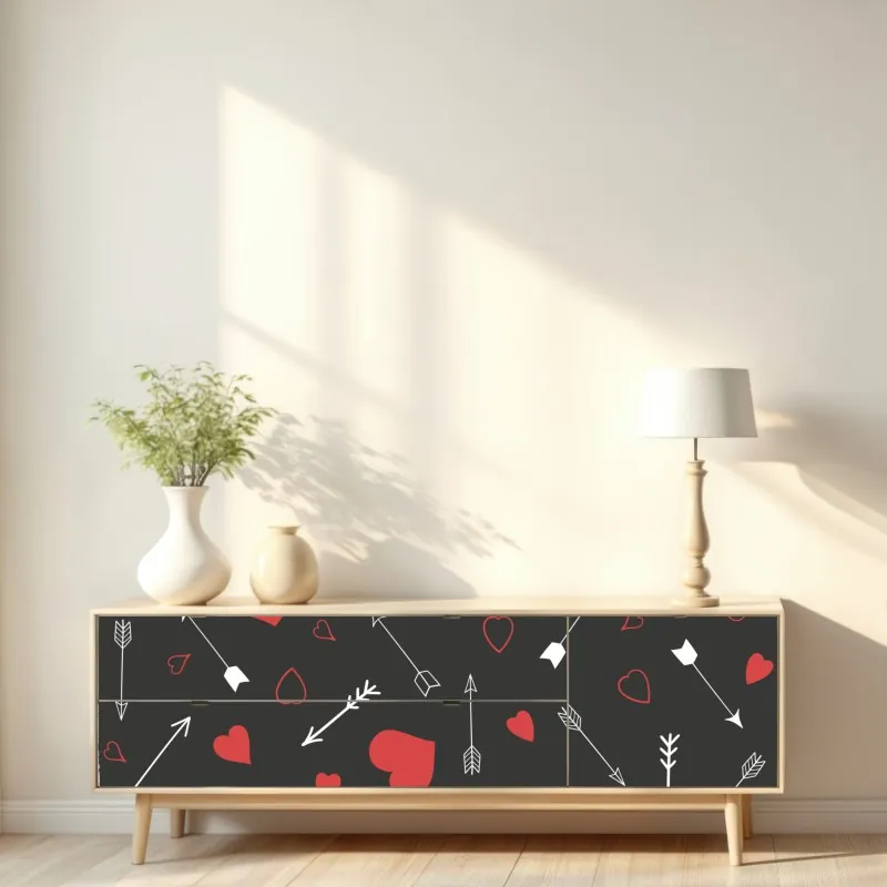 Naklejka repozycjonowalna wzór czerwonych serc i strzał – Wallissimo® Naklejka repozycjonowalna wzór czerwonych serc i strzał – Wallissimo®