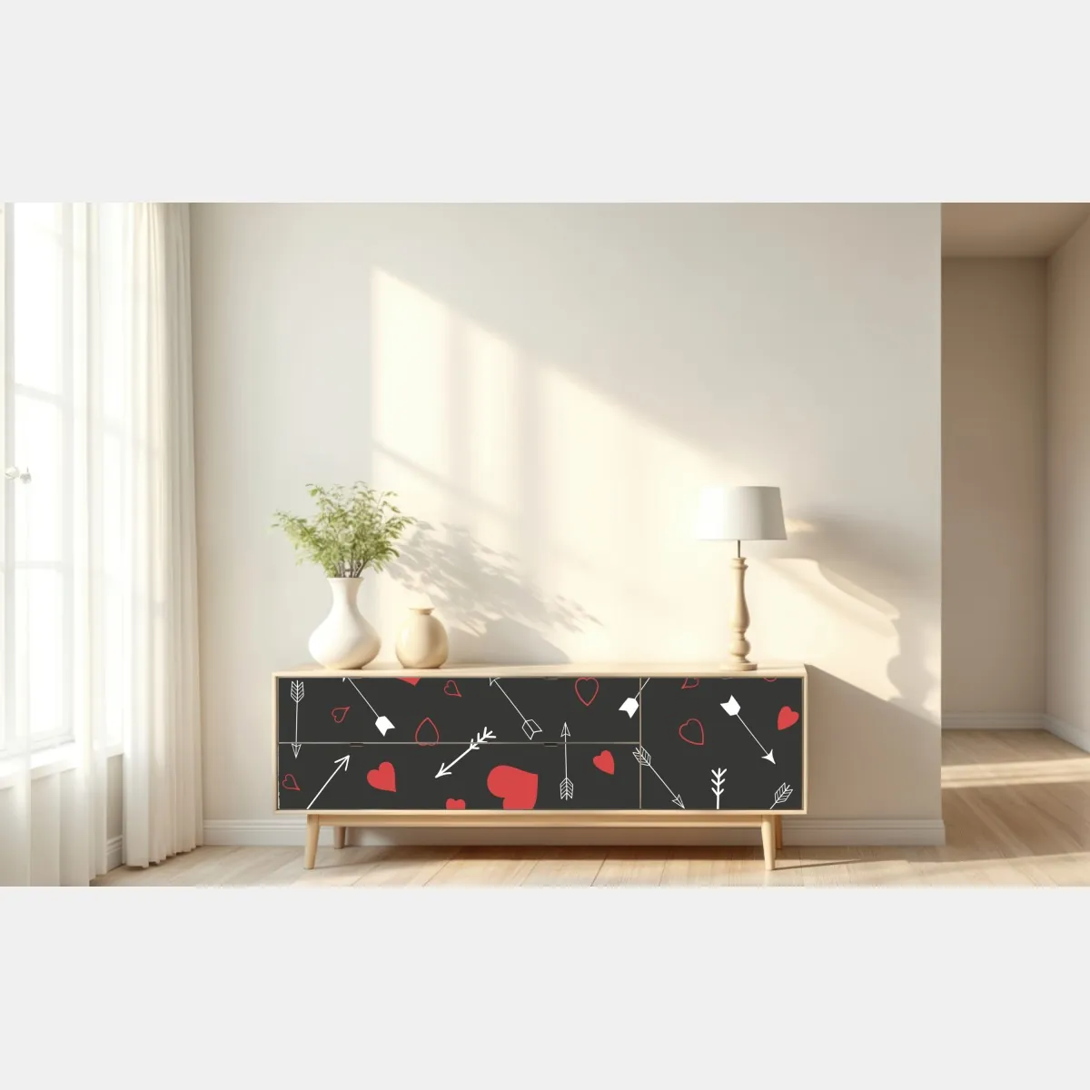 Naklejka repozycjonowalna wzór czerwonych serc i strzał – Wallissimo® Naklejka repozycjonowalna wzór czerwonych serc i strzał – Wallissimo®