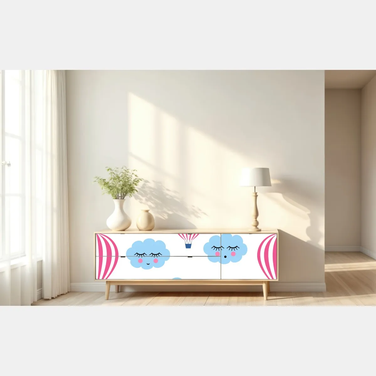 Naklejka repozycjonowalna pastelowe chmury i balony wzór – Wallissimo® Naklejka repozycjonowalna pastelowe chmury i balony wzór – Wallissimo®