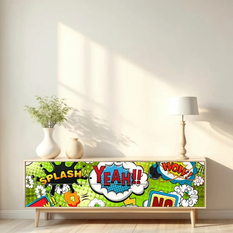 Naklejka repozycjonowalna żywy kolaż komiksowy w stylu pop-art – Wallissimo® Naklejka repozycjonowalna żywy kolaż komiksowy w stylu pop-art – Wallissimo®