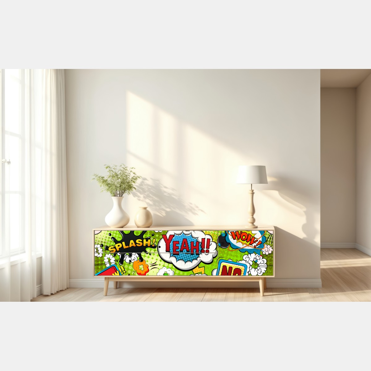 Naklejka repozycjonowalna żywy kolaż komiksowy w stylu pop-art – Wallissimo® Naklejka repozycjonowalna żywy kolaż komiksowy w stylu pop-art – Wallissimo®