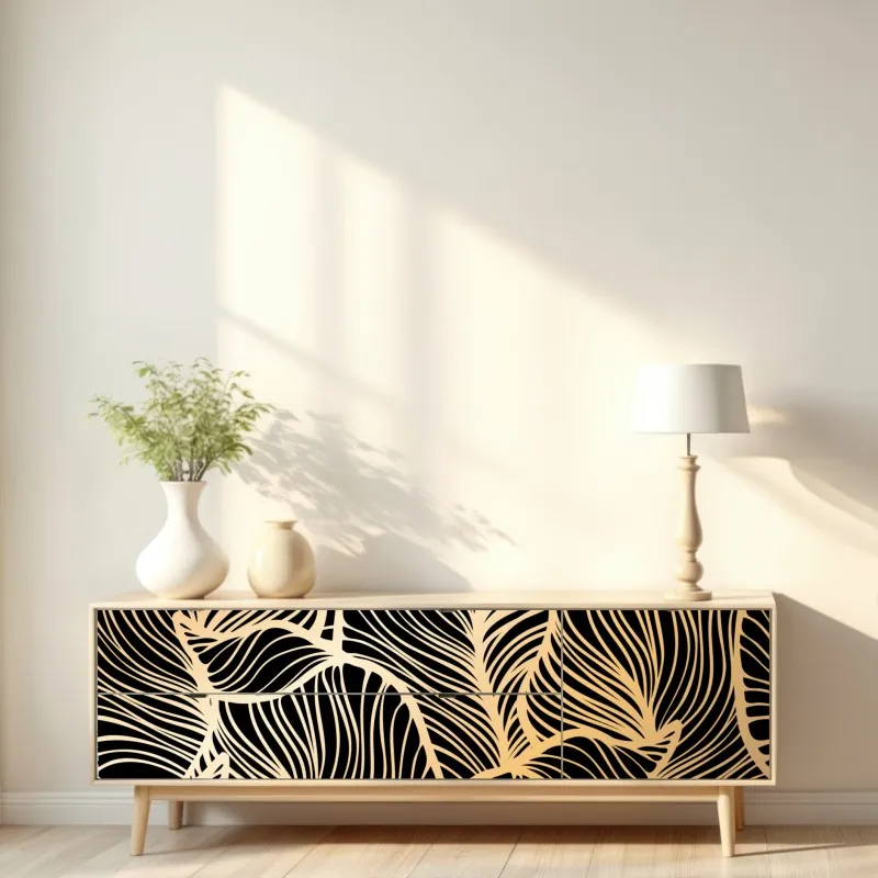 Naklejka repozycjonowalna złoty wzór liści na czarnym tle – Wallissimo® Naklejka repozycjonowalna złoty wzór liści na czarnym tle – Wallissimo®