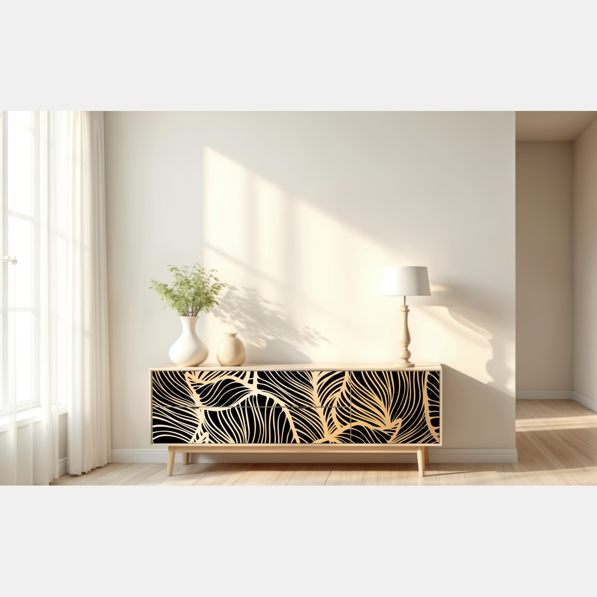 Naklejka repozycjonowalna złoty wzór liści na czarnym tle – Wallissimo® Naklejka repozycjonowalna złoty wzór liści na czarnym tle – Wallissimo®