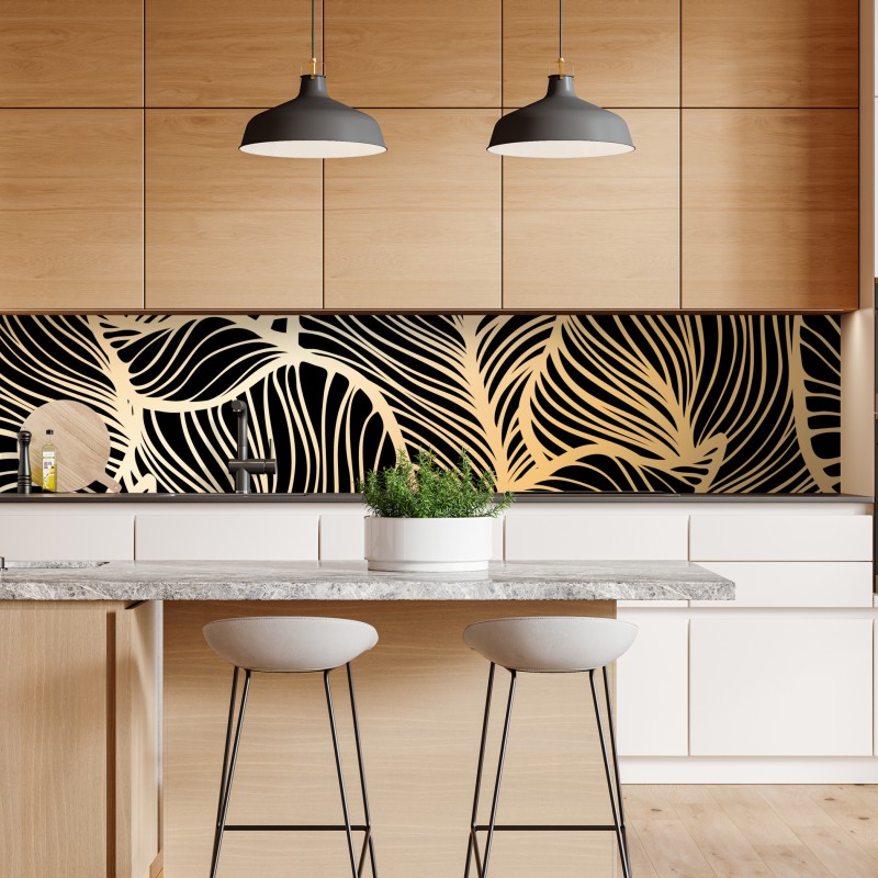 Naklejka repozycjonowalna złoty wzór liści na czarnym tle – Wallissimo® Naklejka repozycjonowalna złoty wzór liści na czarnym tle – Wallissimo®