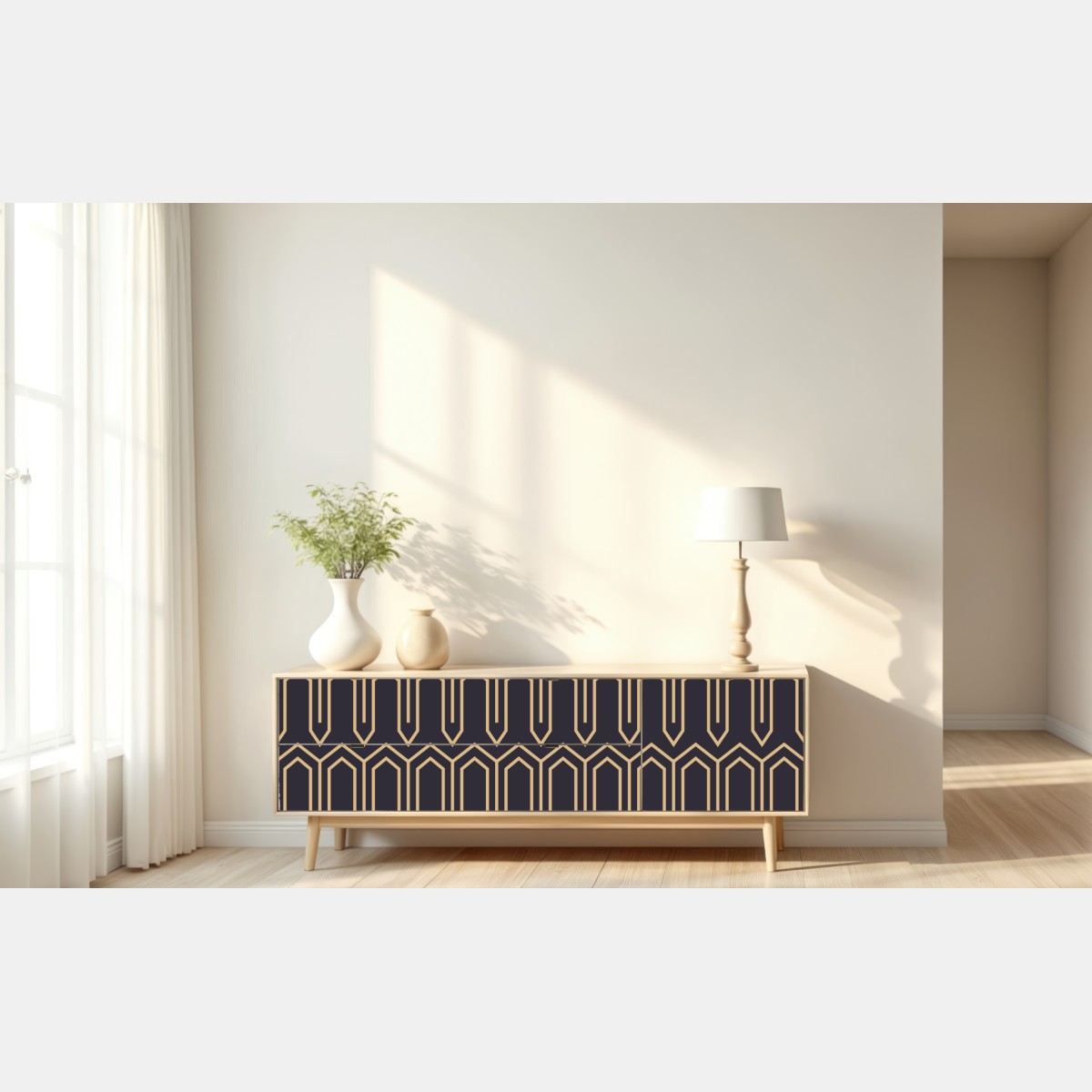 Naklejka repozycjonowalna art deco geometryczny wzór w złocie na czarnym tle – Wallissimo® Naklejka repozycjonowalna art deco geometryczny wzór w złocie na czarnym tle – Wallissimo®