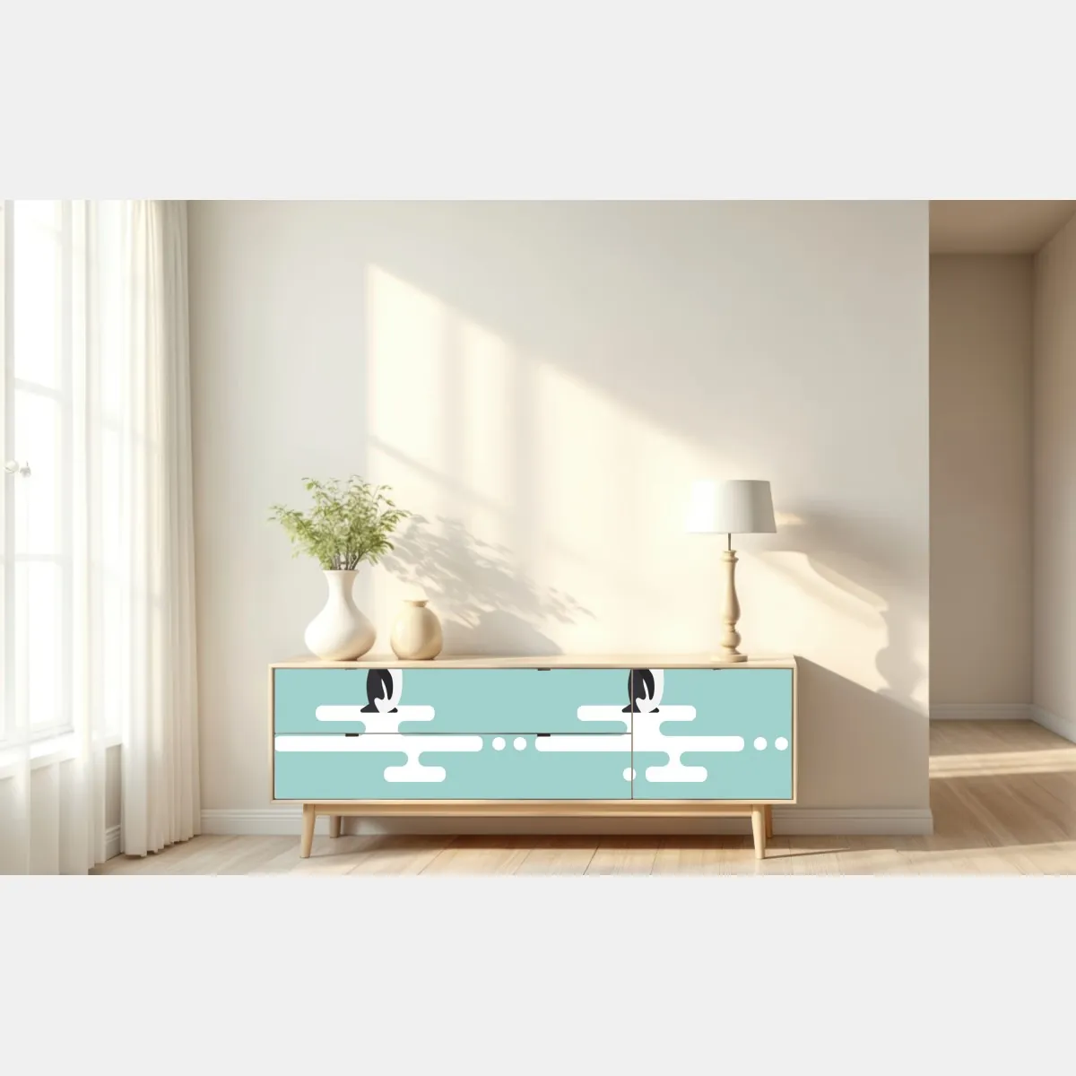 Naklejka repozycjonowalna uroczy wzór z pingwinami w pastelowym turkusie – Wallissimo® Naklejka repozycjonowalna uroczy wzór z pingwinami w pastelowym turkusie – Wallissimo®