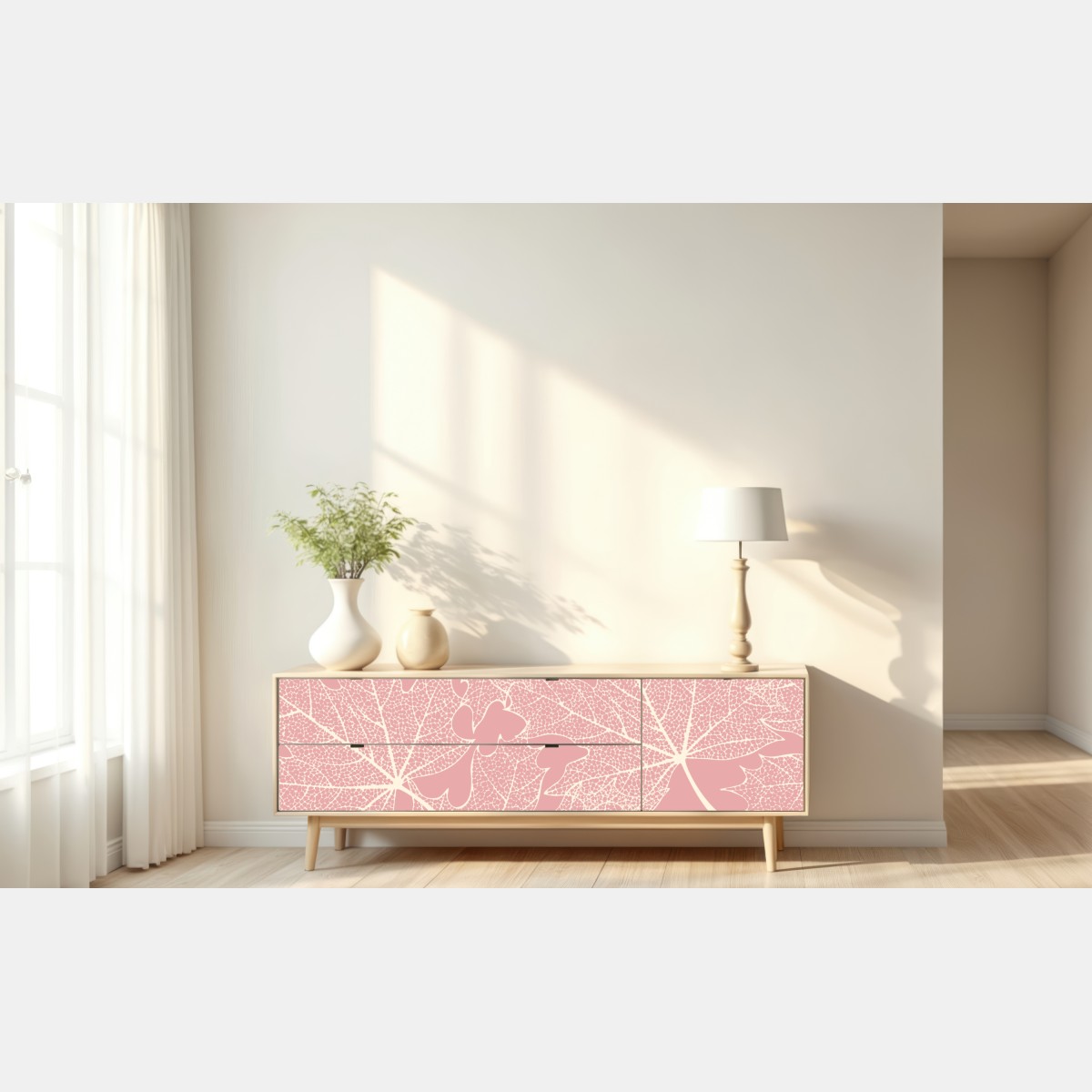 Naklejka repozycjonowalna delikatny różowy wzór liści – Wallissimo® Naklejka repozycjonowalna delikatny różowy wzór liści – Wallissimo®
