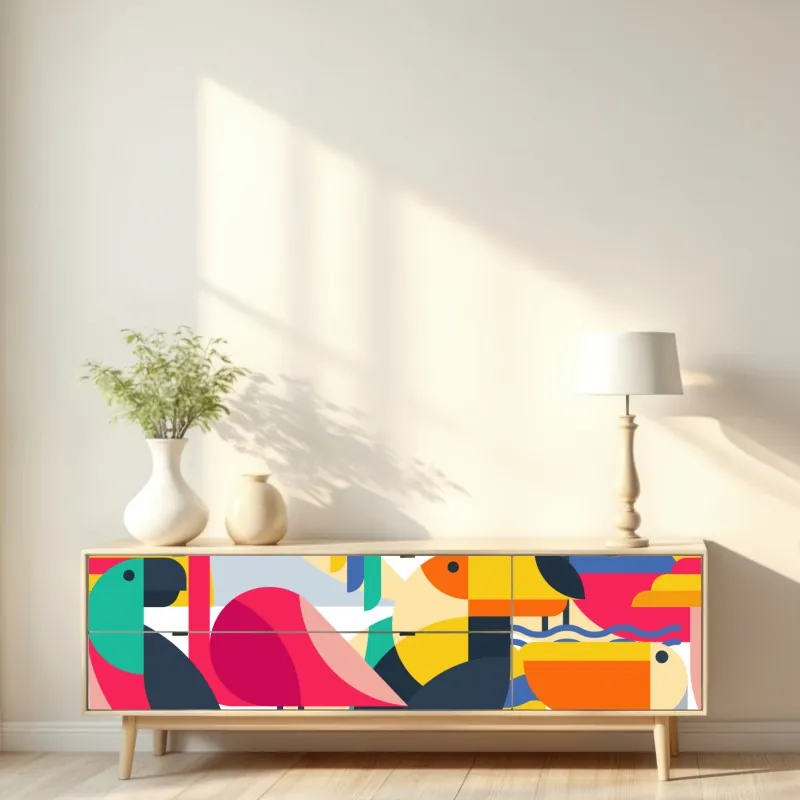 Naklejka repozycjonowalna tropikalny geometryczny wzór ptaków – Wallissimo® Naklejka repozycjonowalna tropikalny geometryczny wzór ptaków – Wallissimo®