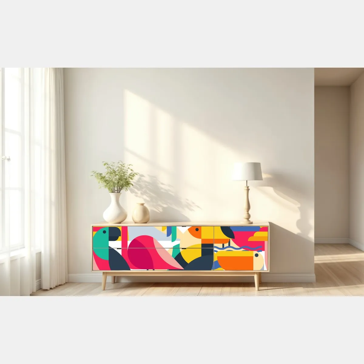 Naklejka repozycjonowalna tropikalny geometryczny wzór ptaków – Wallissimo® Naklejka repozycjonowalna tropikalny geometryczny wzór ptaków – Wallissimo®