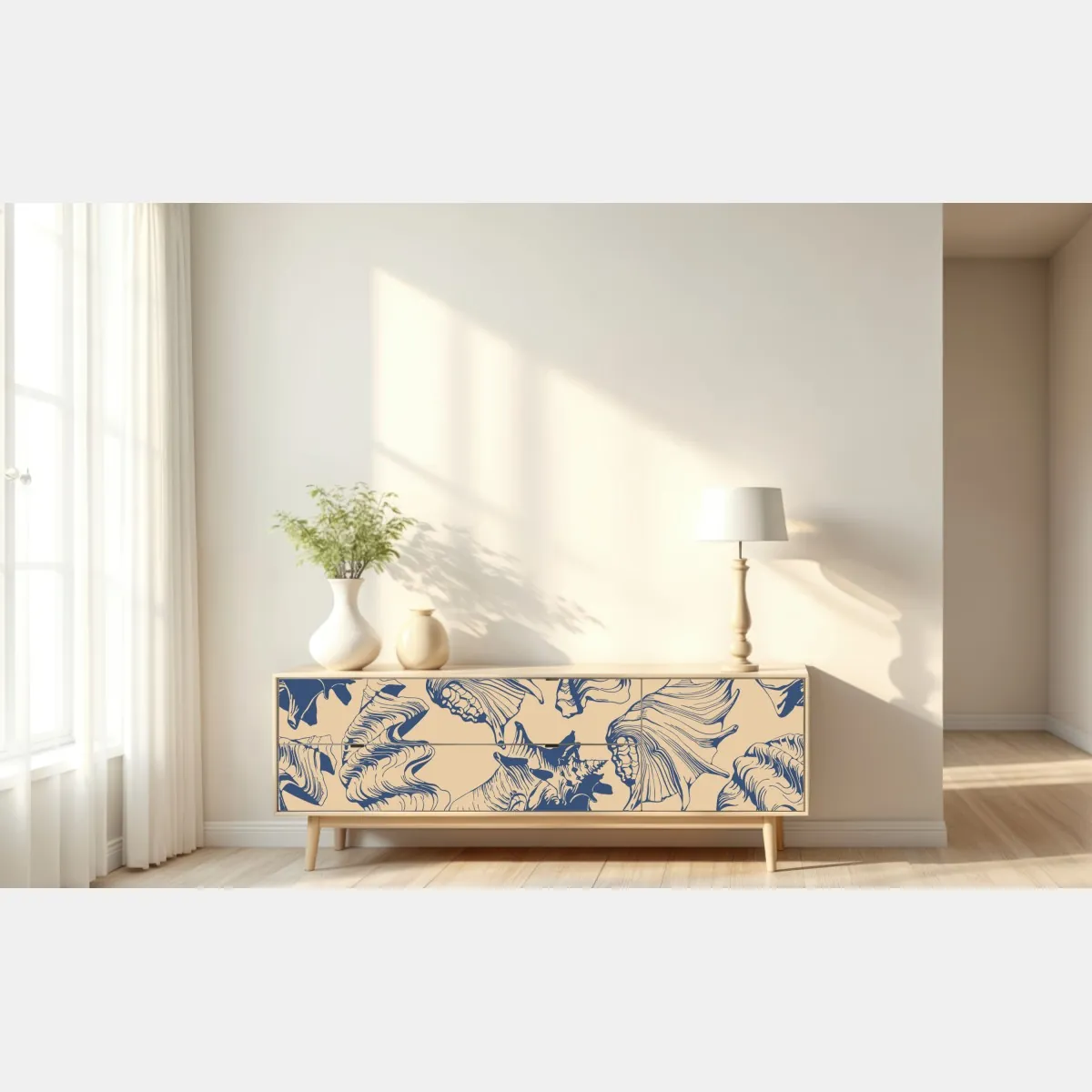 Naklejka repozycjonowalna wzór z muszlami w granacie i beżu – Wallissimo® Naklejka repozycjonowalna wzór z muszlami w granacie i beżu – Wallissimo®