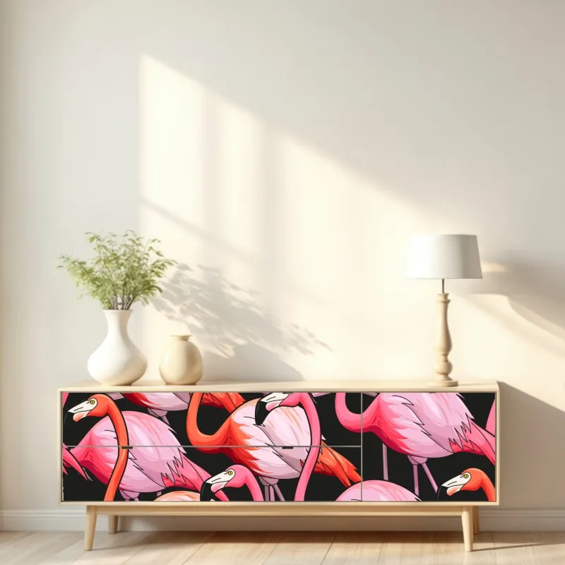 Naklejka repozycjonowalna różowy wzór z flamingami na czarnym tle – Wallissimo® Naklejka repozycjonowalna różowy wzór z flamingami na czarnym tle – Wallissimo®