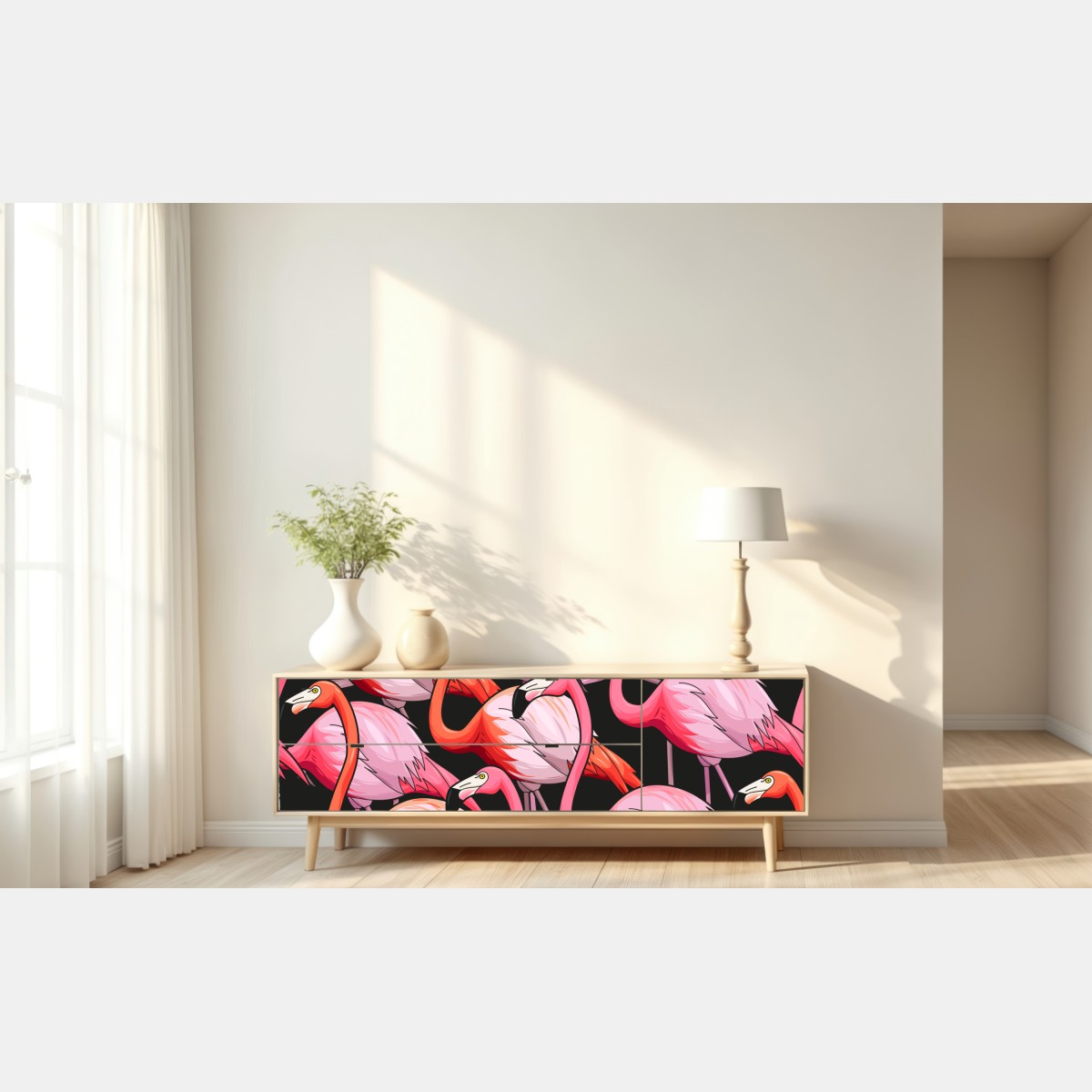 Naklejka repozycjonowalna różowy wzór z flamingami na czarnym tle – Wallissimo® Naklejka repozycjonowalna różowy wzór z flamingami na czarnym tle – Wallissimo®