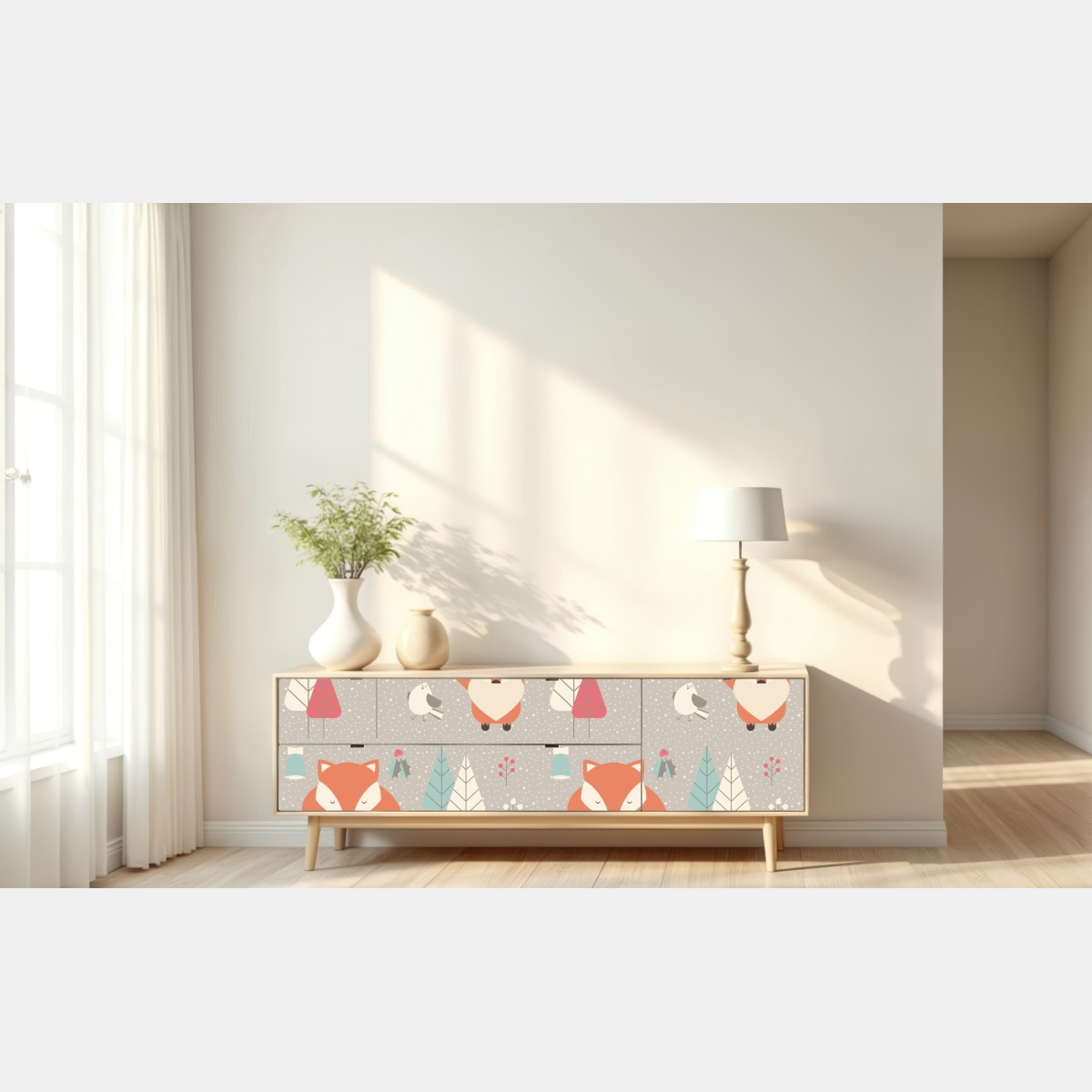 Naklejka repozycjonowalna uroczy leśny wzór z lisami – Wallissimo® Naklejka repozycjonowalna uroczy leśny wzór z lisami – Wallissimo®