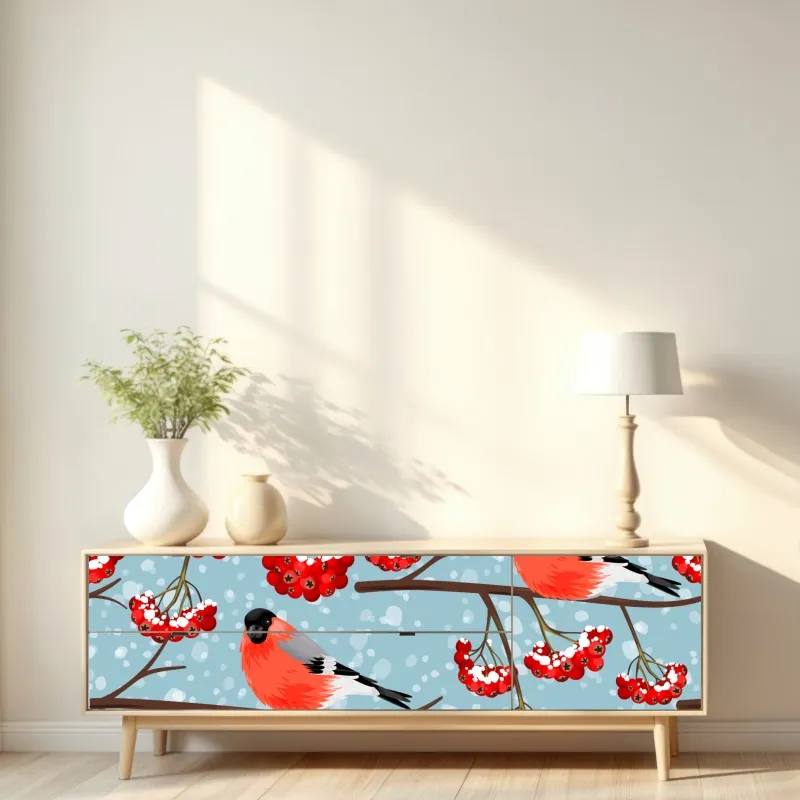 Naklejka repozycjonowalna zimowe gile i jarzębina - wzór – Wallissimo® Naklejka repozycjonowalna zimowe gile i jarzębina - wzór – Wallissimo®