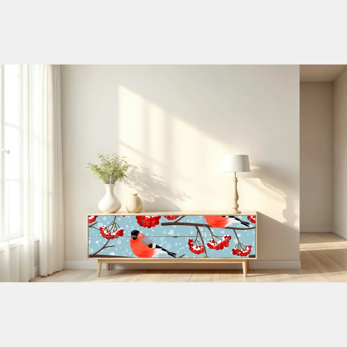 Naklejka repozycjonowalna zimowe gile i jarzębina - wzór – Wallissimo® Naklejka repozycjonowalna zimowe gile i jarzębina - wzór – Wallissimo®