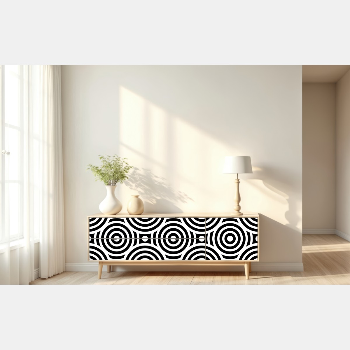 Naklejka repozycjonowalna czarno-biały wzór koncentrycznych kół – Wallissimo® Naklejka repozycjonowalna czarno-biały wzór koncentrycznych kół – Wallissimo®