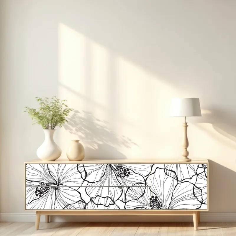 Naklejka repozycjonowalna czarno-biały hibiskus w stylu line art – Wallissimo® Naklejka repozycjonowalna czarno-biały hibiskus w stylu line art – Wallissimo®