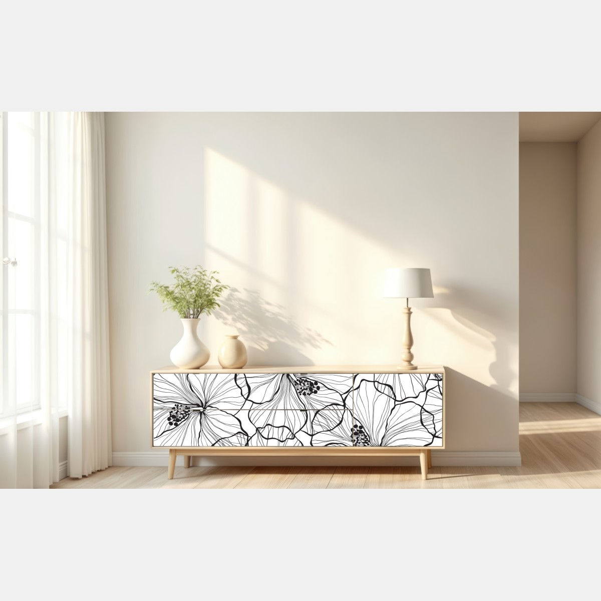 Naklejka repozycjonowalna czarno-biały hibiskus w stylu line art – Wallissimo® Naklejka repozycjonowalna czarno-biały hibiskus w stylu line art – Wallissimo®