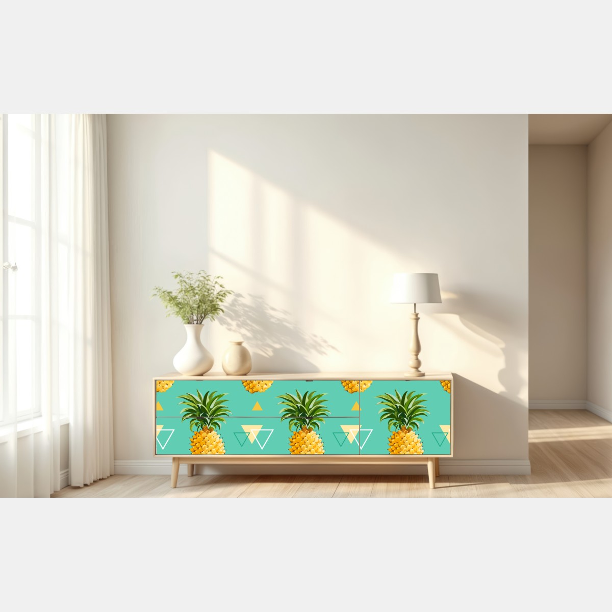 Naklejka repozycjonowalna tropikalny wzór z ananasami na turkusowym tle – Wallissimo® Naklejka repozycjonowalna tropikalny wzór z ananasami na turkusowym tle – Wallissimo®