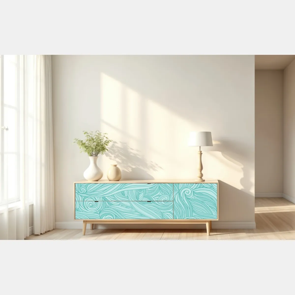 Naklejka repozycjonowalna turkusowy wzór falowy do dekoracji ścian – Wallissimo® Naklejka repozycjonowalna turkusowy wzór falowy do dekoracji ścian – Wallissimo®