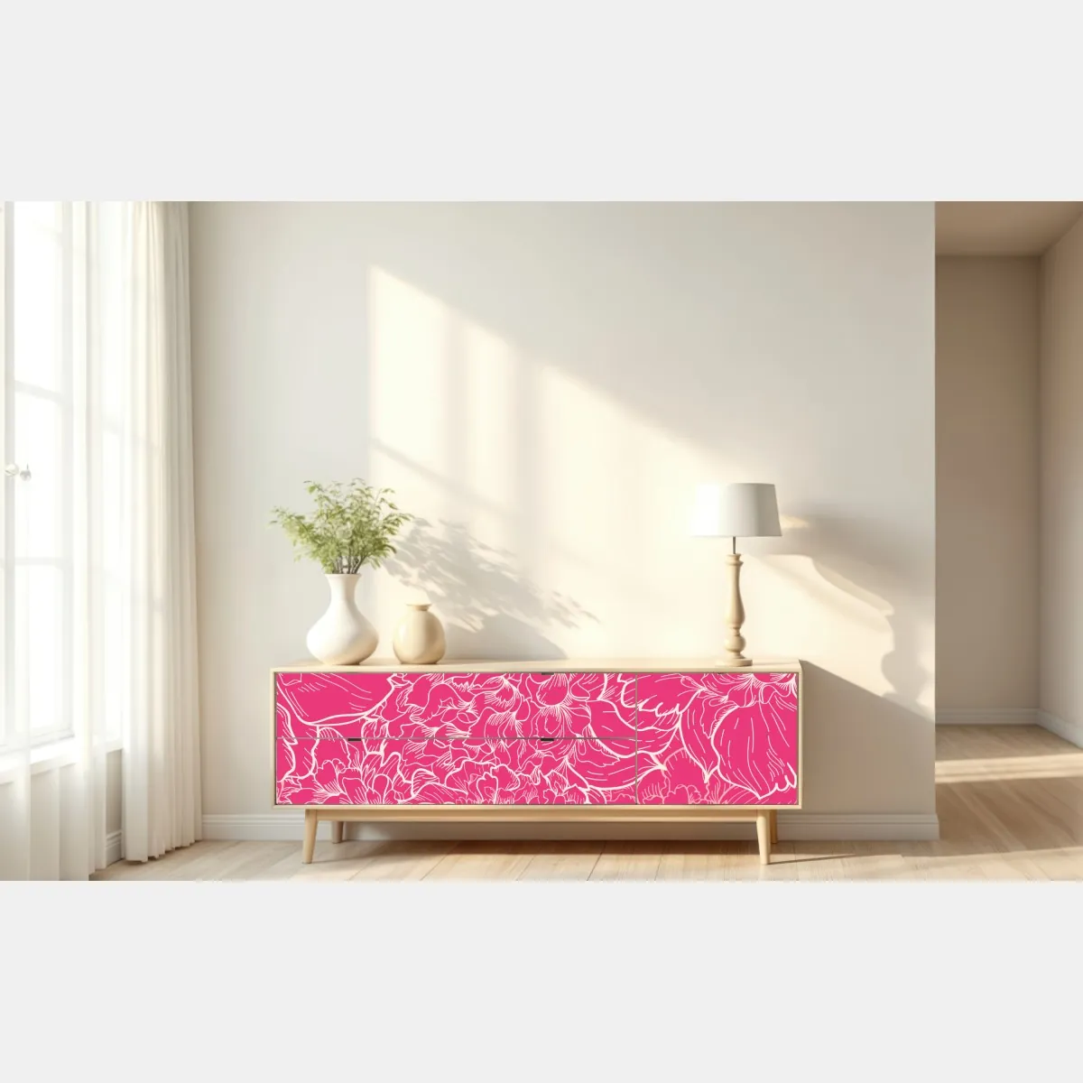 Naklejka repozycjonowalna intensywny różowy wzór z peoniami – Wallissimo® Naklejka repozycjonowalna intensywny różowy wzór z peoniami – Wallissimo®