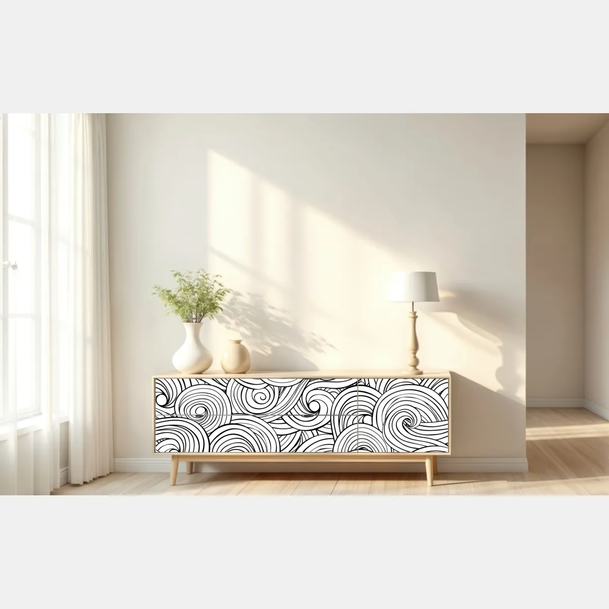 Naklejka repozycjonowalna czarno-biały wzór ze spiralami – Wallissimo® Naklejka repozycjonowalna czarno-biały wzór ze spiralami – Wallissimo®