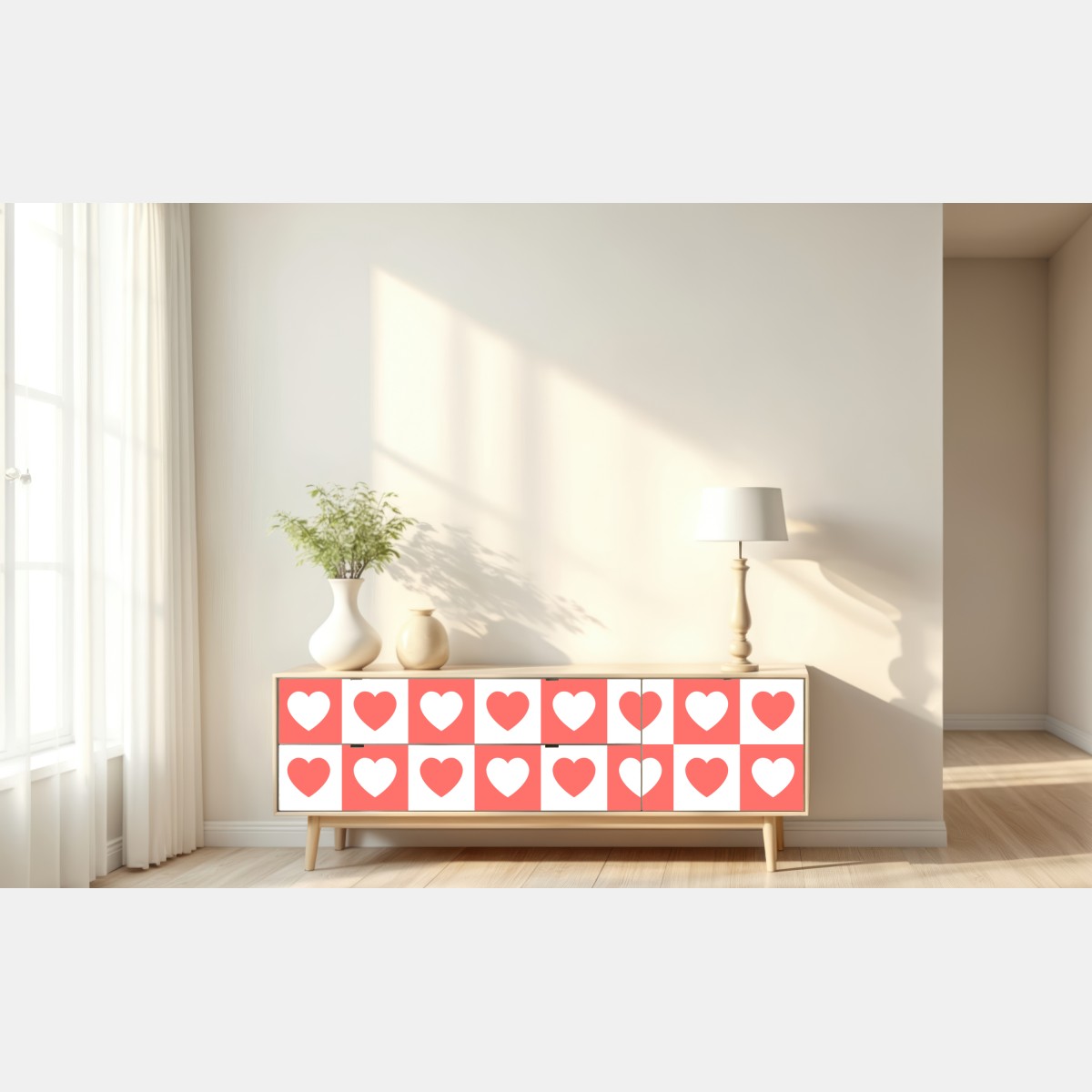 Naklejka repozycjonowalna różowy wzór serc w szachownicy – Wallissimo® Naklejka repozycjonowalna różowy wzór serc w szachownicy – Wallissimo®