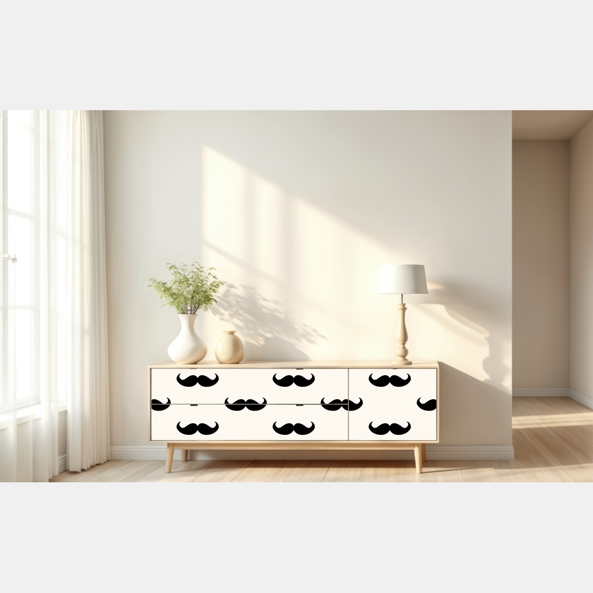 Naklejka repozycjonowalna czarny wzór wąsów na beżowym tle – Wallissimo® Naklejka repozycjonowalna czarny wzór wąsów na beżowym tle – Wallissimo®