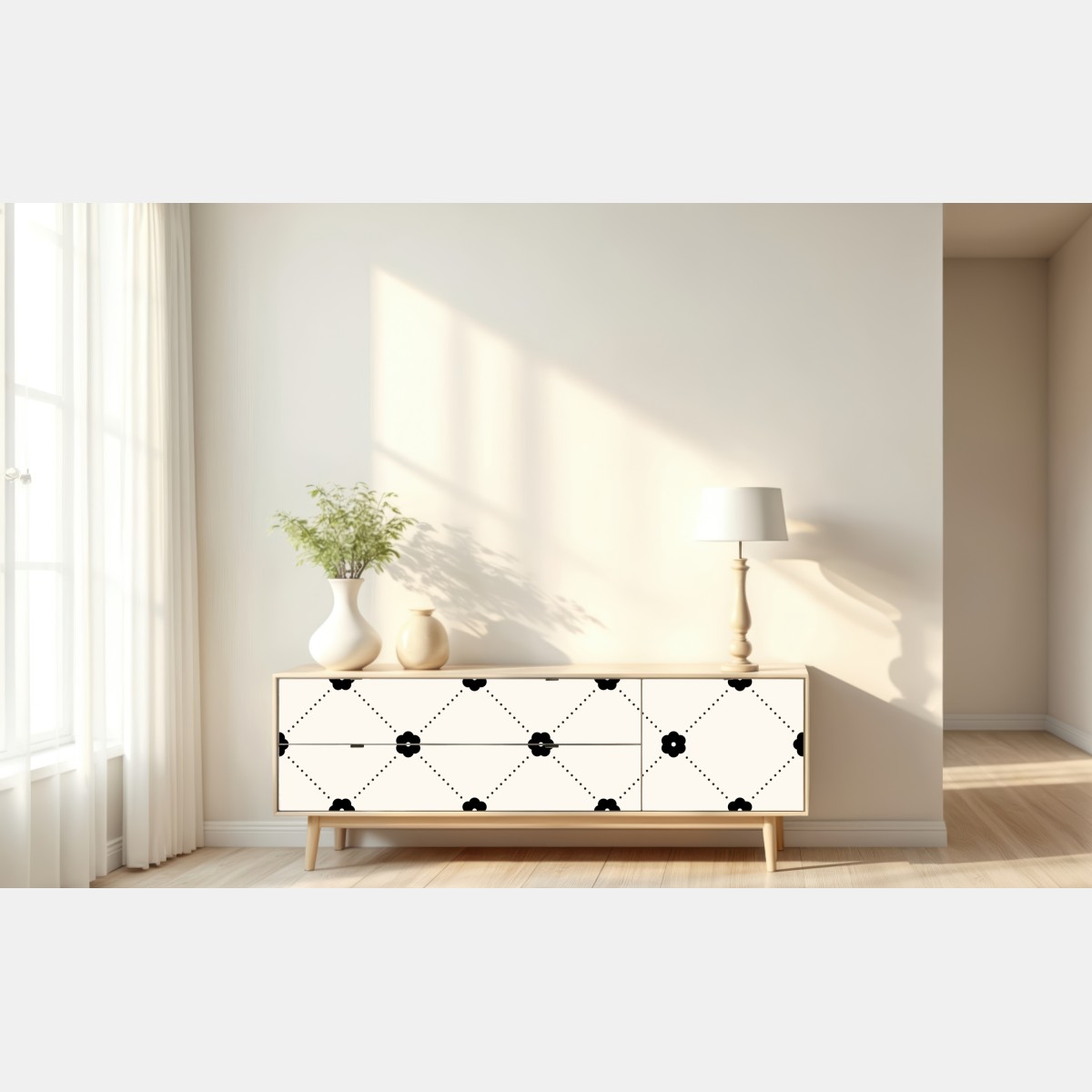 Naklejka repozycjonowalna minimalistyczny czarny wzór kwiatowej kratki – Wallissimo® Naklejka repozycjonowalna minimalistyczny czarny wzór kwiatowej kratki – Wallissimo®