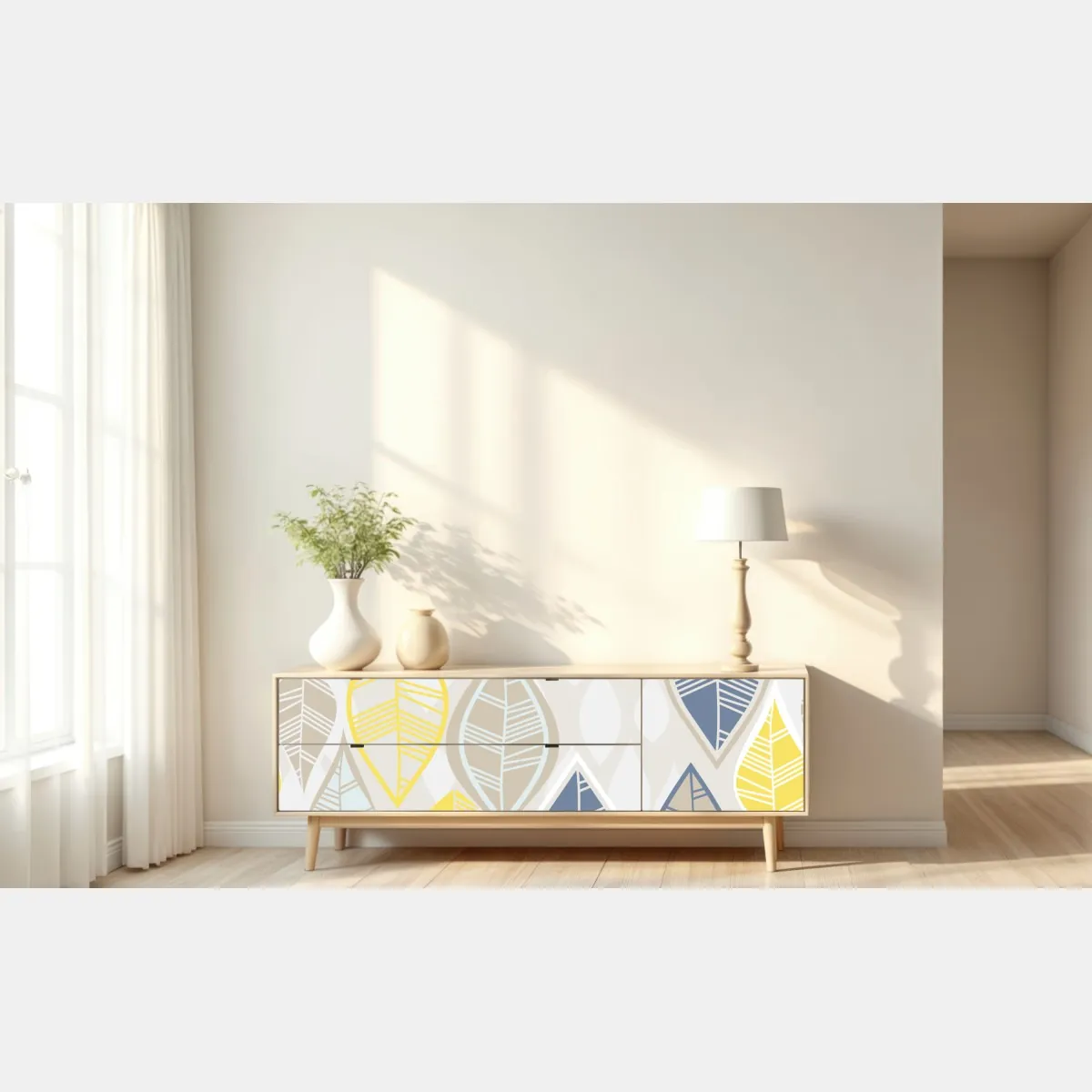 Naklejka repozycjonowalna skandynawski wzór liści w stonowanych kolorach – Wallissimo® Naklejka repozycjonowalna skandynawski wzór liści w stonowanych kolorach – Wallissimo®