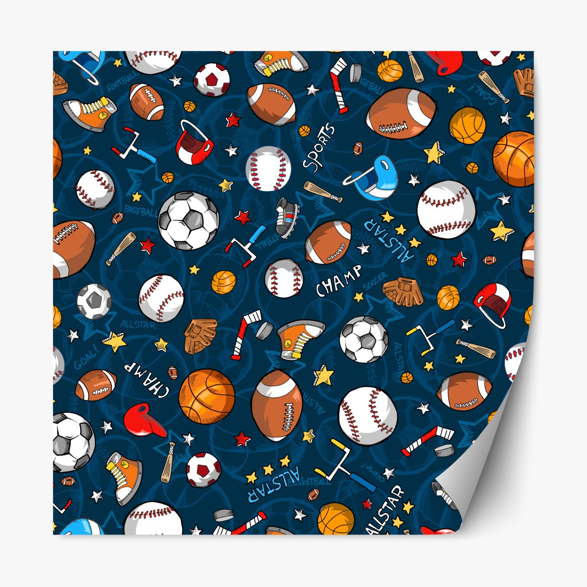 Repositionable sticker playful sports pattern on navy background