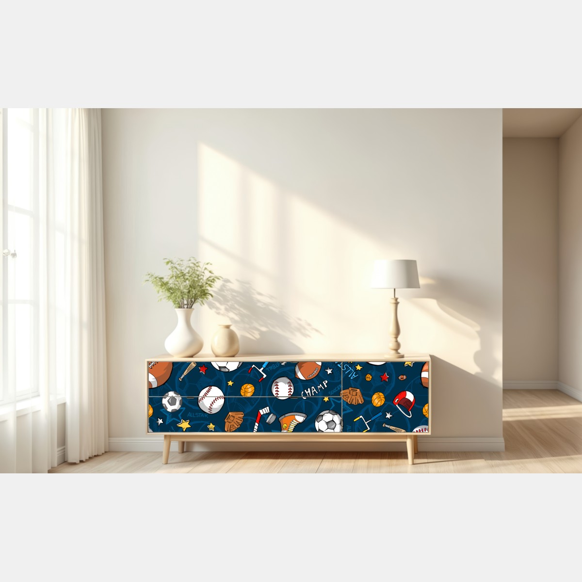 Naklejka repozycjonowalna zabawny wzór sportowy na granatowym tle – Wallissimo® Naklejka repozycjonowalna zabawny wzór sportowy na granatowym tle – Wallissimo®