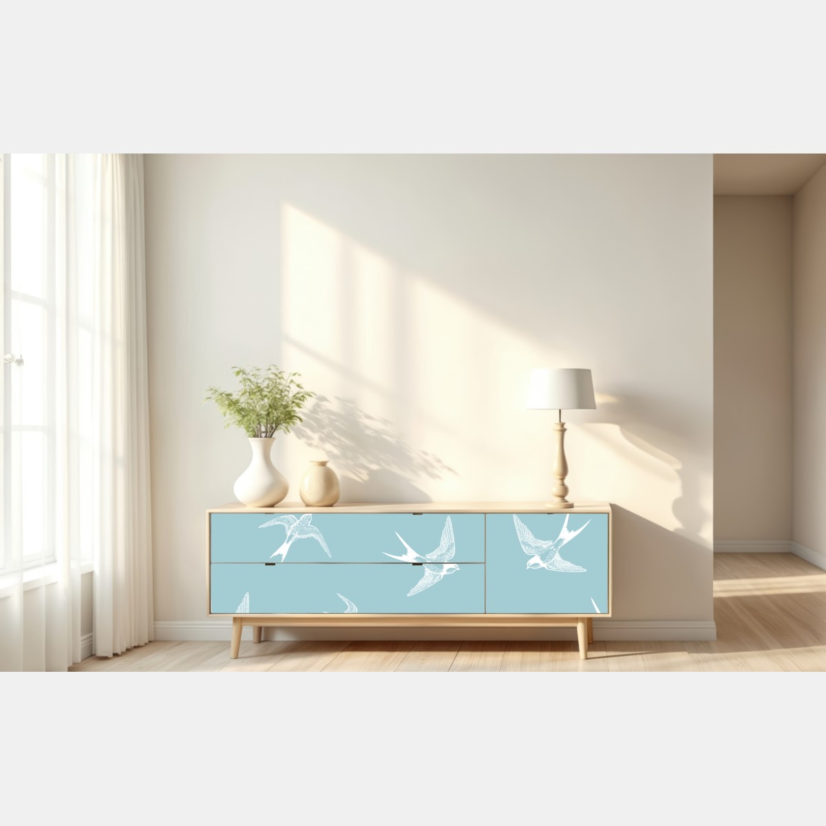 Naklejka repozycjonowalna pastelowy wzór z jaskółkami – Wallissimo® Naklejka repozycjonowalna pastelowy wzór z jaskółkami – Wallissimo®