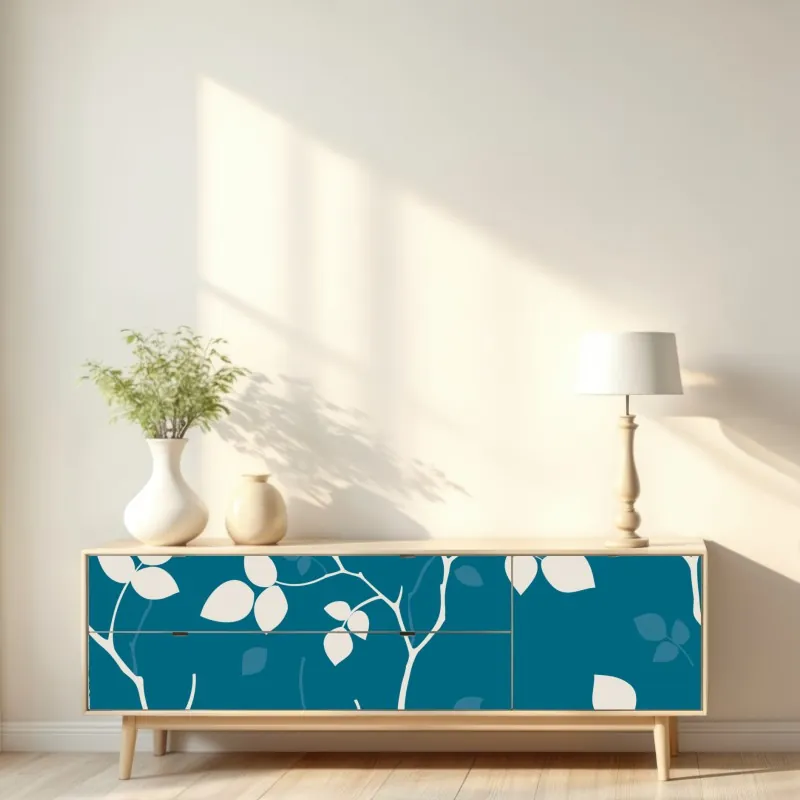 Naklejka repozycjonowalna turkusowy botaniczny wzór liści – Wallissimo® Naklejka repozycjonowalna turkusowy botaniczny wzór liści – Wallissimo®