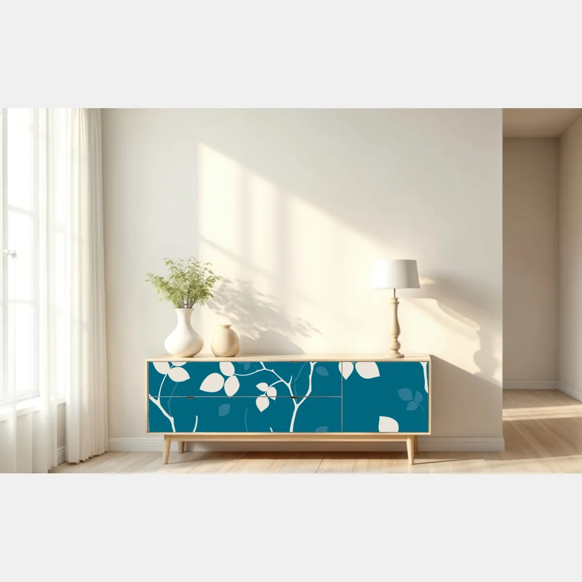 Naklejka repozycjonowalna turkusowy botaniczny wzór liści – Wallissimo® Naklejka repozycjonowalna turkusowy botaniczny wzór liści – Wallissimo®