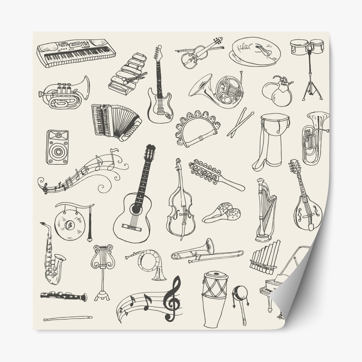 Repositionable sticker hand-drawn musical instruments collage