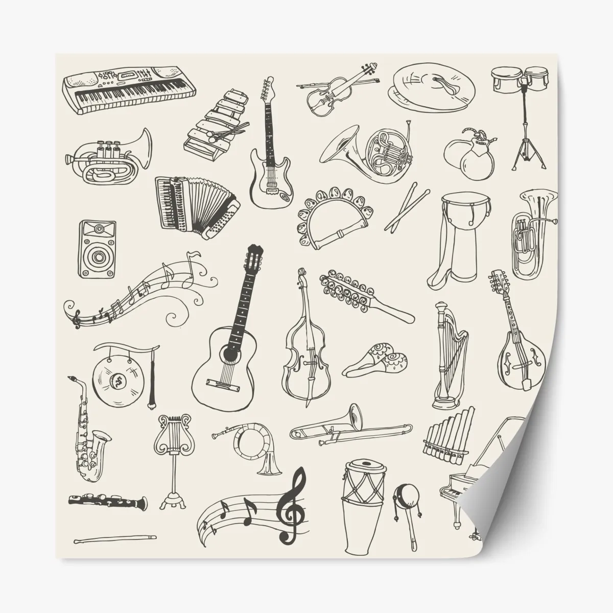 Naklejka repozycjonowalna ręcznie rysowane instrumenty muzyczne kolaż – Wallissimo® Naklejka repozycjonowalna ręcznie rysowane instrumenty muzyczne kolaż – Wallissimo®