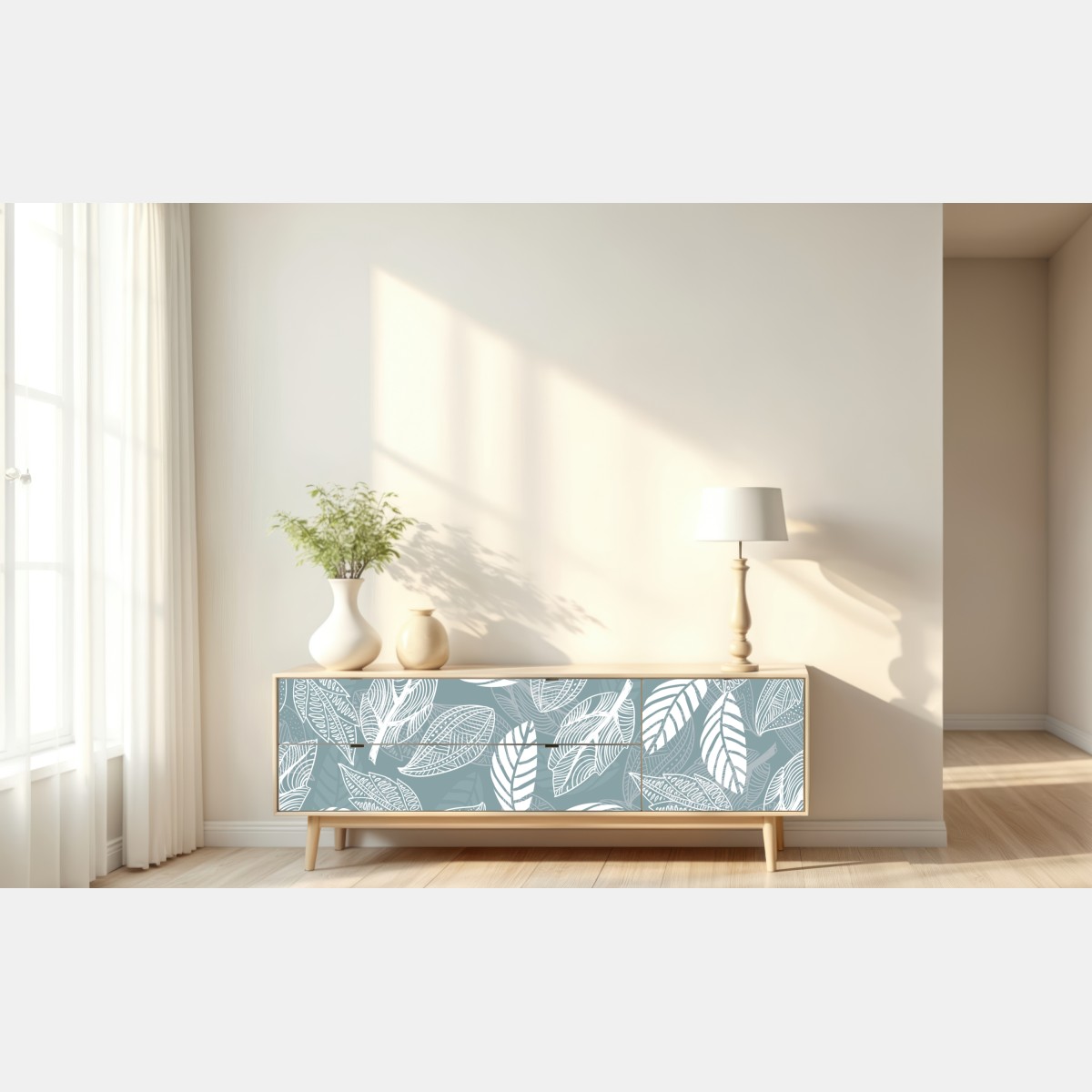 Naklejka repozycjonowalna ręcznie rysowany wzór liści na miętowym tle – Wallissimo® Naklejka repozycjonowalna ręcznie rysowany wzór liści na miętowym tle – Wallissimo®