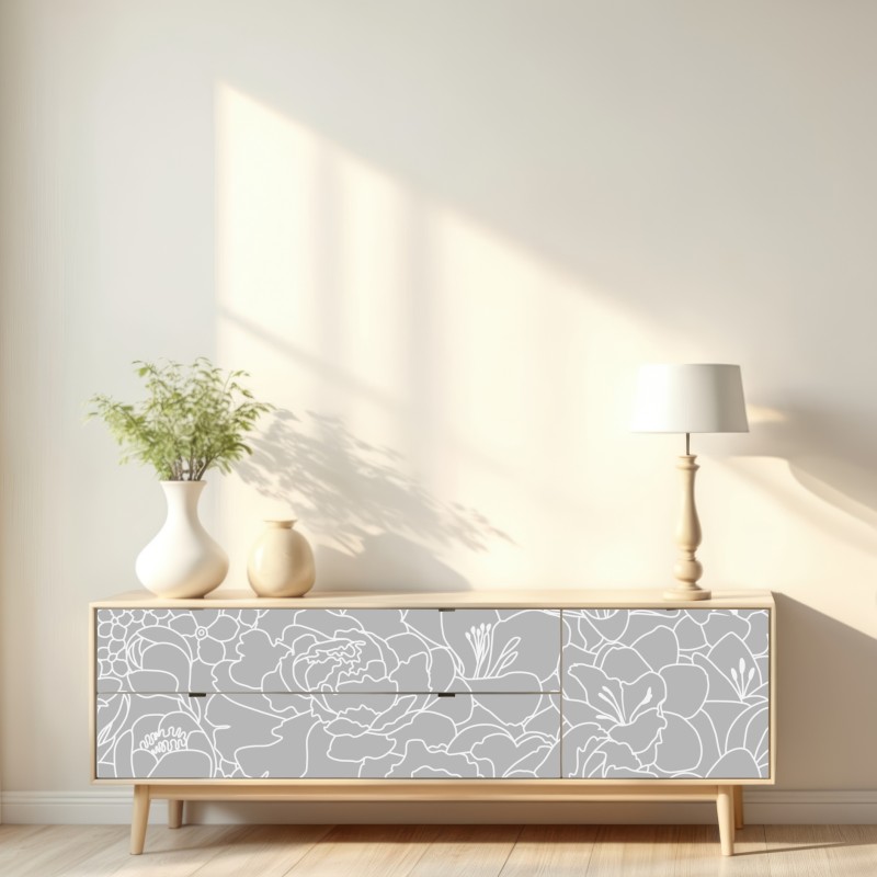 Naklejka repozycjonowalna subtelny szary wzór kwiatowy w konturze – Wallissimo® Naklejka repozycjonowalna subtelny szary wzór kwiatowy w konturze – Wallissimo®