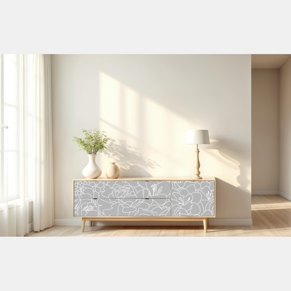 Naklejka repozycjonowalna subtelny szary wzór kwiatowy w konturze – Wallissimo® Naklejka repozycjonowalna subtelny szary wzór kwiatowy w konturze – Wallissimo®
