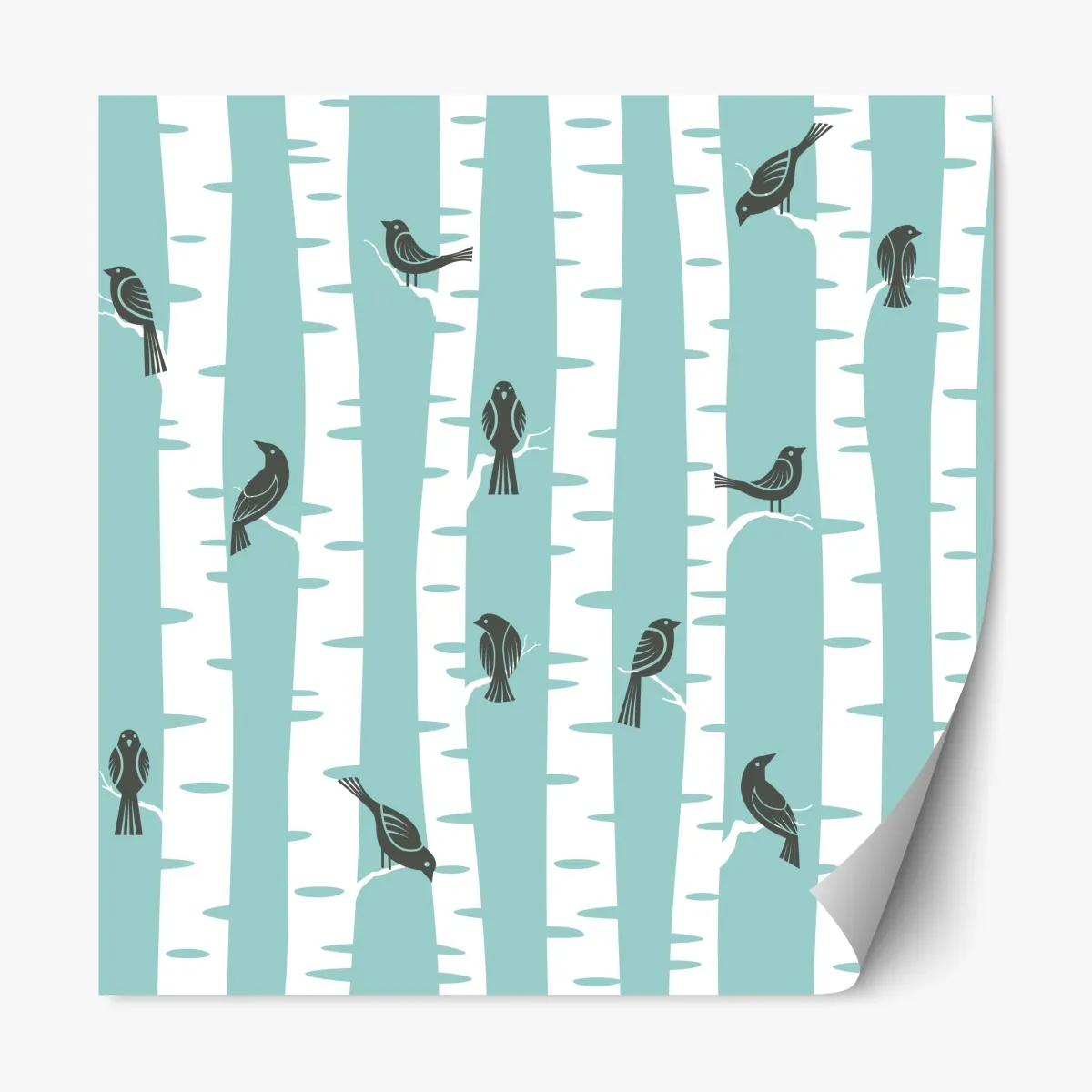 Naklejka repozycjonowalna turkusowy las brzóz z ptakami – Wallissimo® Naklejka repozycjonowalna turkusowy las brzóz z ptakami – Wallissimo®